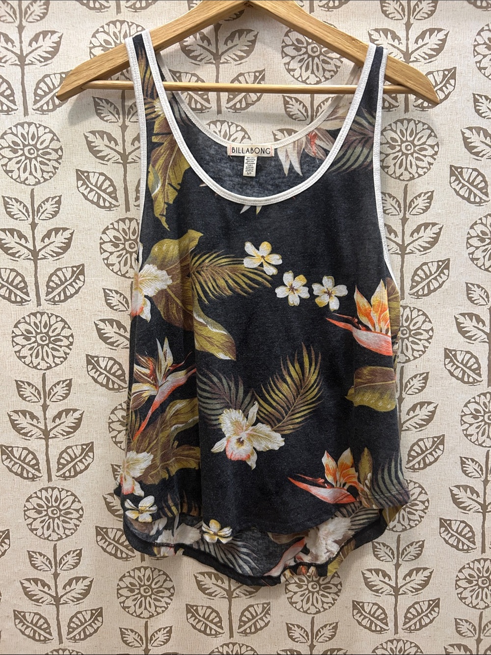 Billabong Black Tropical Floral Tank with White Trim